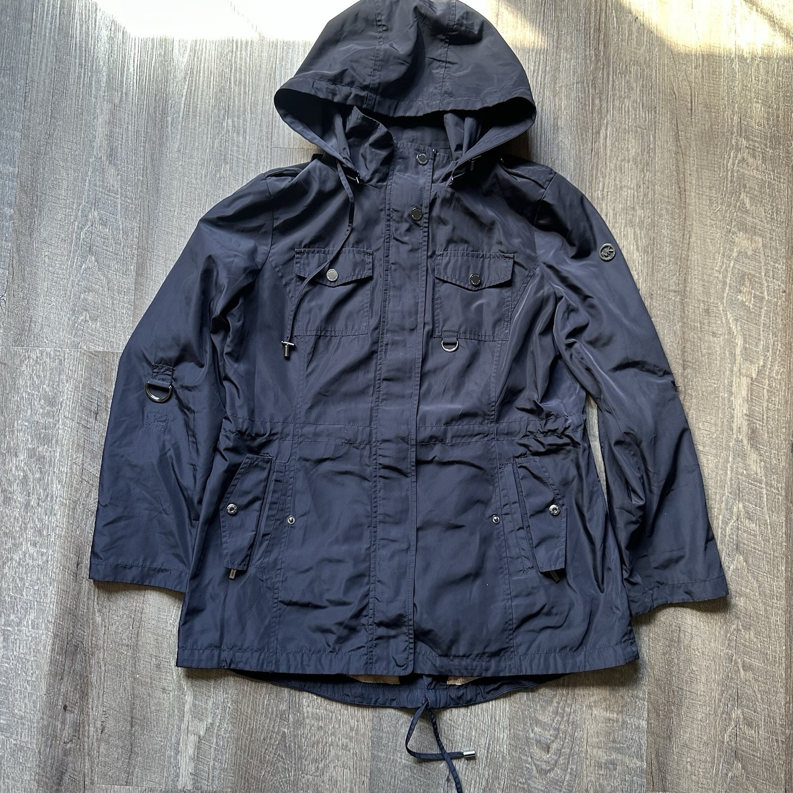 Womens Michael Kors Navy Blue Hooded W/Pockets & Zipper Rain Jacket Size L